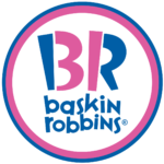The Baskin Robbins logo is a blue and pink circle with the letter BR in the middle in blue and pink.