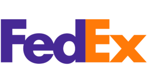 The FedEx logo says Fed in purple block text and Ex in orange block text