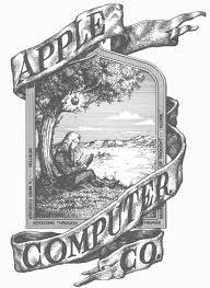 The logo looks like a storybook style and says Apple Computer in a ribbon. In the middle is an illustration of a person under a tree,