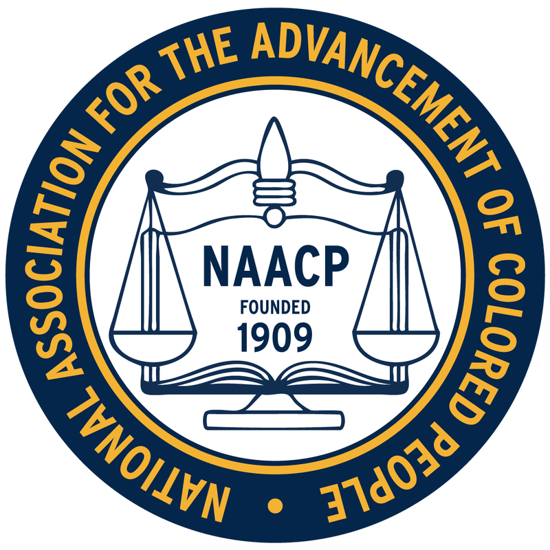 Blue yellow and white circle logo for the NAACP with a design of a double pan balance scale